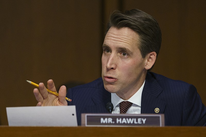 In this Jan 15, 2019 file photo, Senate Judiciary Committee committee member Sen. Josh Hawley, R-Mo., questions Attorney General nominee William Barr during a Senate Judiciary Committee on Capitol Hill in Washington. (AP Photo/Carolyn Kaster, File)