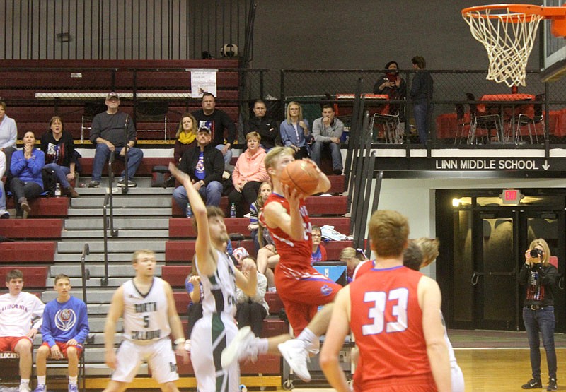 Jordan Bondurant goes to the hoop during the California Pintos 65-62 loss to North Callaway in the first round of the Class 3 District 9 Tournament Feb. 20, 2019, in Linn.