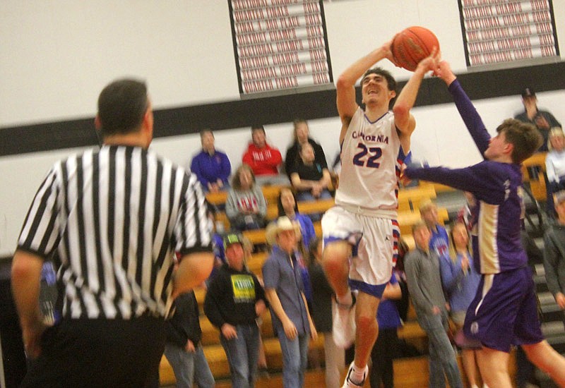 Isaac Ash goes for a layup during California's win against Hallsville Feb. 2, 2019, at Ashland.