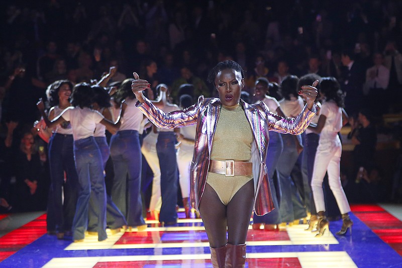 Singer Grace Jones wears a creation as part of the Tommy Now ready to wear Fall-Winter 2019-2020 collection, that was presented in Paris, Saturday, March 2, 2019. (AP Photo/Michel Euler)