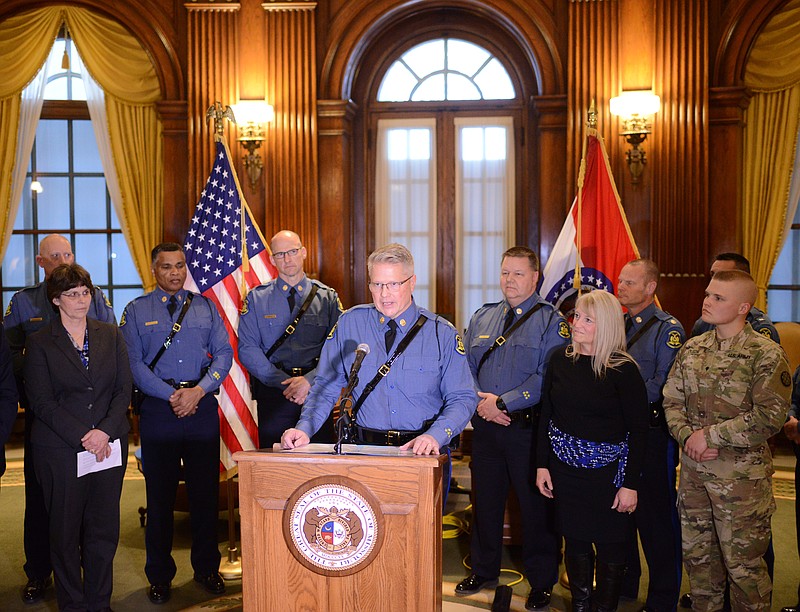 Lt. Col. Eric Olson speaks after being announced as the new Missouri Highway Patrol superintendent on Tuesday, March 5, 2019, during during a news conference at the Missouri State Capitol. Olson had been serving as acting superintendent since Sept. 1, 2018.