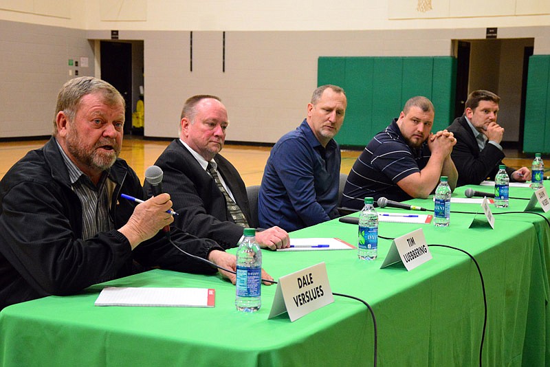 School board candidates Dale Verslues, Tim Luebbbering, Mark Brandt, Calvin Wilbers and Jason Paulsmeyer answer questions during a News Tribune hosted forum at Blair Oaks Middle School in Wardsville on Tuesday, March 5, 2019.