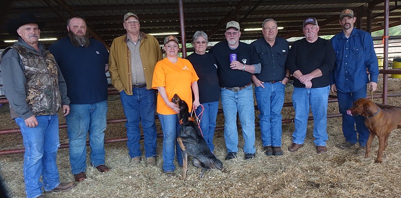 Friends and board members of 4-State Cystic Fibrosis Benefit Coon Hunt pose for a final photograph as the 35-year effort concludes. From left, and all from Linden except where noted, they are Mark Milanovich of Naples; James Burbridge, Earl Mayfield of Blossom; Niki Haley, Patsy and Dexter Whatley of Atlanta; Johnny Duncan, John Gathwright of Foreman, Ark., and John Haley.