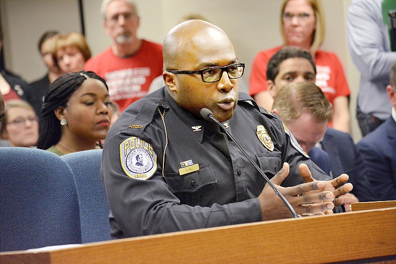 Lincoln University Police Chief Gary Hill testifies Wednesday in opposition of House bill 258 during a House General Laws Committee hearing at the Capitol. The bill would modify provisions relating to concealed carrying of firearms which would permit gun owners to take firearms onto college campuses and other public and private properties.