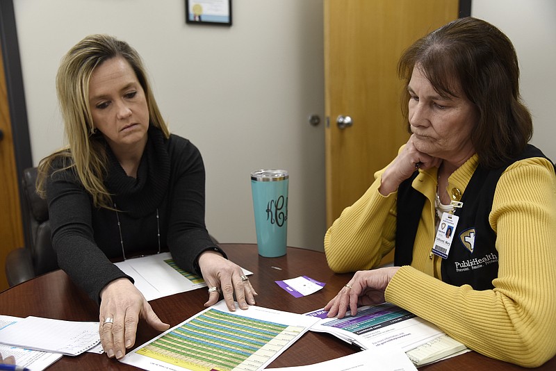 Director of the Health Department in Cole County Kristi Campbell, left, and Mart Telhorst, the Director of Nurses discuss health issues in this March 9, 2019 photo at the Cole County Health Department.