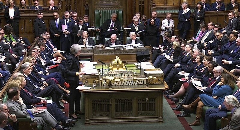 Britain's Prime Minister Theresa May speaks during Prime Minister's Questions in the House of Commons, London, Wednesday March 6, 2019 (House of Commons/PA via AP)