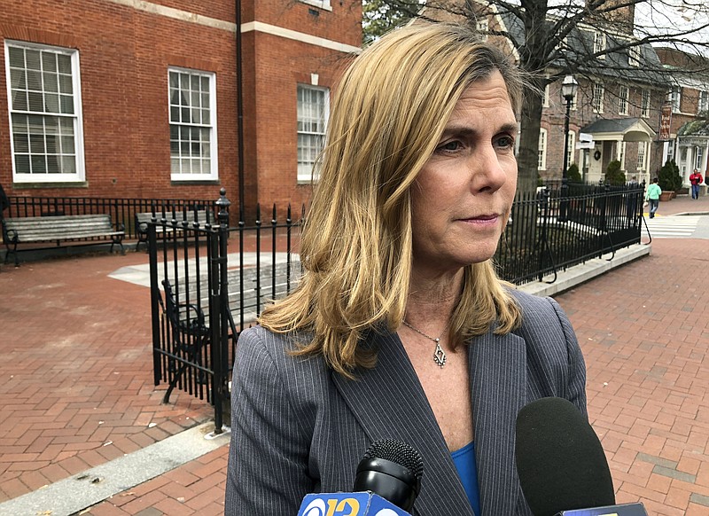 Anne Arundel County State's Attorney Anne Colt Leitess talks to reporters after a court hearing on Monday, March 11, 2019, in Annapolis, Md., for Jarrod Ramos, who is charged with killing five people at The Capital Gazette newspaper office in June 2018. (AP Photo/Brian Witte)