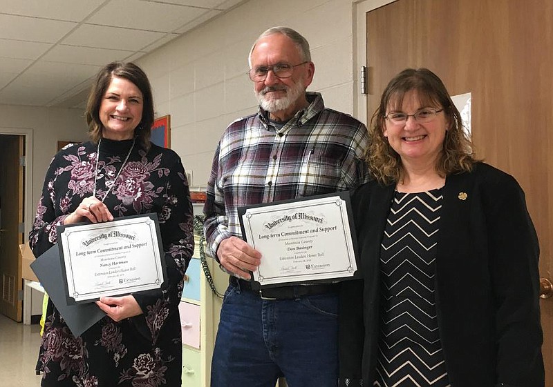 <p>Submitted</p><p>Extension leader Honor Roll recipients Nancy Hartman and Don Basinger pose with County Engagement Specialist Elaine Anderson at the Feb. 28 Moniteau County Extension Council meeting.</p>