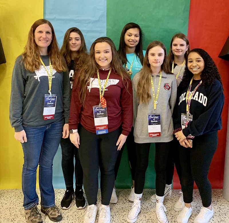 <p>North Callaway Student Council delegates to St. Louis include: (from left) advisor Kathleen Jeffries, Hannah Cundiff, Alex Higgins, Kearah Moyle, Rachael Jeffries, Piper Jeffries and ArieAunna Brewer. They were awarded Honor Council — Gold Level, which is the highest award in the state. </p>