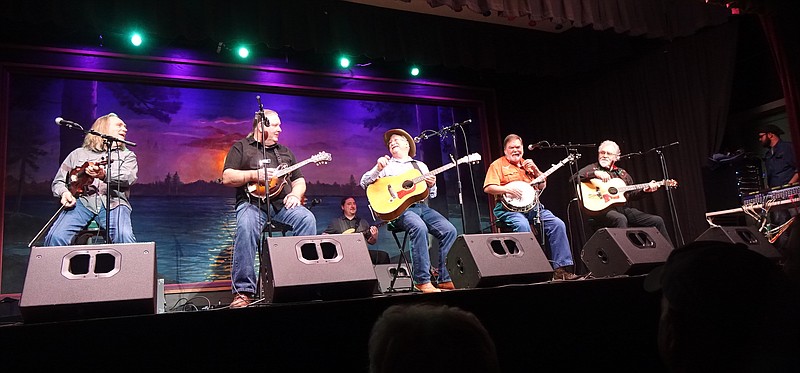 Hickory Hill Bluegrass Band, organized in Avinger, Texas, in 1979, played recently in their 40th year of performing at Music City Texas Theater in Linden, Texas. They are, from left, Milo Deering of Dallas, Ronny Singley of Whitehouse, Texas, Matt Early and father John Early of Avinger, Don Eaves of Overton, Texas, and Richard Bowden of Linden. Hickory Hill was the name of the community before it became Avinger. The group has recorded 10 CD albums.