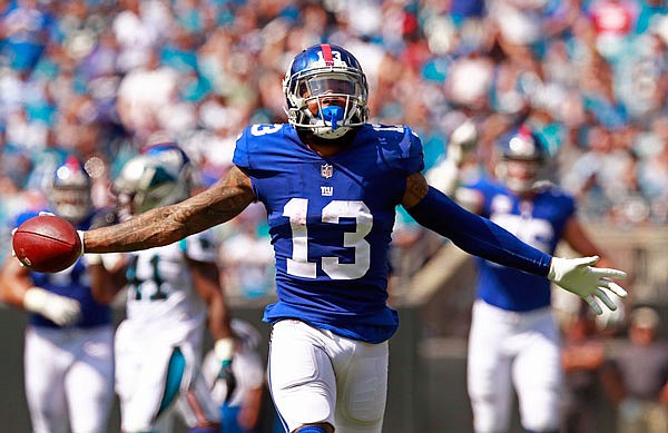 Odell Beckham Jr. celebrates a catch during a Giants game against the Panthers last season in Charlotte, N.C. 