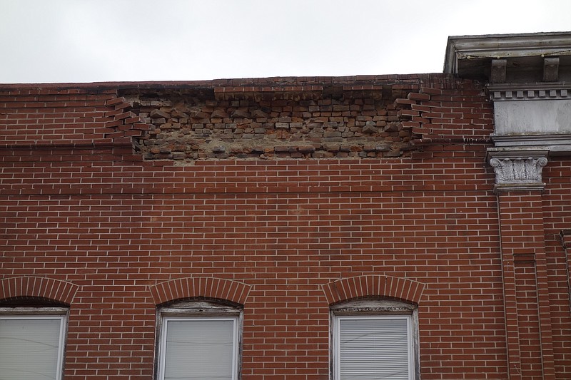 <p>Windy conditions were so harsh Thursday afternoon that bricks crowning a downtown Fulton building crashed to the sidewalk. Firefighters partially blocked part of Nichols Street just north of West Fifth Street, and nearby sidewalks as well. A business occupant said no one was injured, and another said the crash “sounded just like a bowling ball.” The National Weather Service had a wind advisory out all day, predicting 25-35 mile per hour winds with 55 mph gusts.</p>