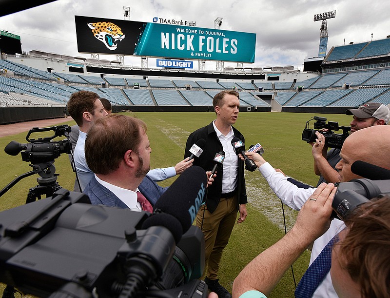 Newly signed Jacksonville Jaguars NFL football quarterback Nick Foles talks to the media at TIAA Bank Field in Jacksonville, Fla., Thursday, March 14, 2019  [Will Dickey/The Florida Times-Union via AP)