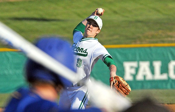 Cade Stockman of Blair Oaks throws a pitch during a game last season against Fatima at the Falcon Athletic Complex in Wardsville.
