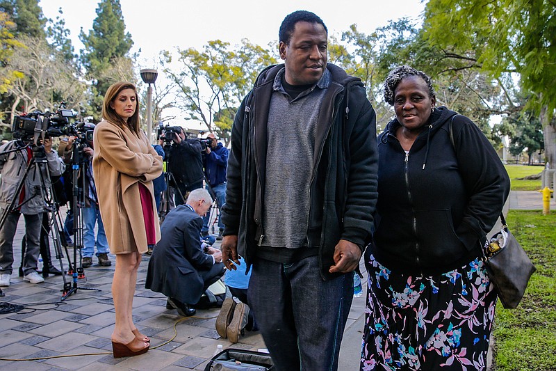 Trinity Jones' father, Anthony Jones, left, and grandmother Barbara Jones out of courthouse where Emiel Hunt, one of two people detained in the murder of Trinity Jones, whose body was found in a suitcase in Hacienda Heights, Calif., appeared in Pomona Court on Tuesday, March 12, 2019. (Irfan Khan/Los Angeles Times/TNS)