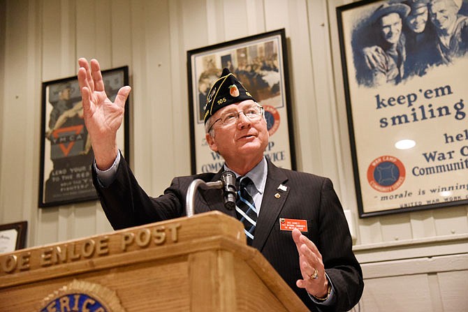 Guest speaker Dale Barnett speaks Saturday at the celebration for the American Legion's 100th anniversary at the American Legion Post 5 building. Barnett is a retired U.S. Army Lieutenant Colonel, and served as the National Commander of the American Legion from 2015-16.