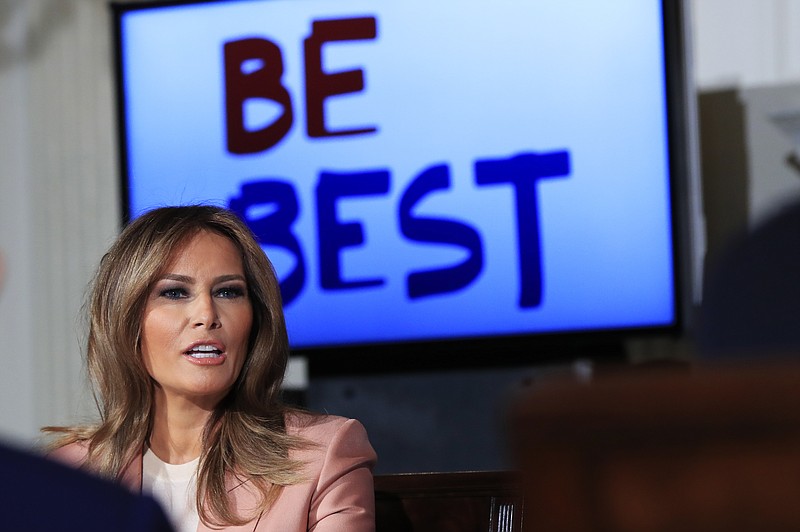 First lady Melania Trump, speaks during a meeting  of the Interagency Working Group on Youth Programs in the State Dining Room of the White House in Washington, Monday, March 18, 2019. The goal is to build upon and improve youth programs that align with her "Be Best" initiative, which focuses on the well-being of children, their safety online and avoiding drugs.  (AP Photo/Manuel Balce Ceneta)