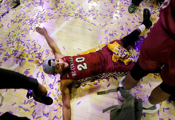 North Carolina Central's Julian Walters celebrates after winning the Mid-Eastern Athletic Conference Tournament title Saturday in Norfolk, Va.