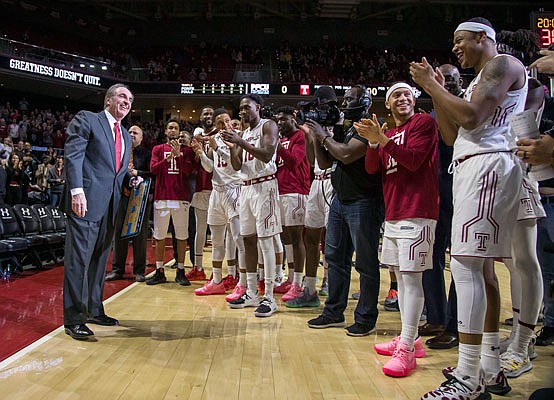 Temple's head coach Fran Dunphy is honored before the Owls' final home game of the season earlier this month against Central Florida in Philadelphia.