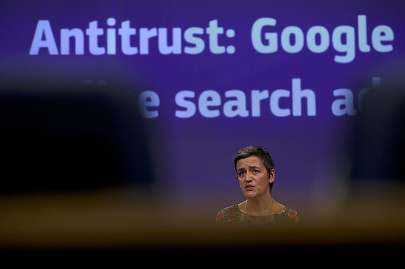 European Competition Commissioner Margrethe Vestager speaks during a media conference at EU headquarters in Brussels, Wednesday, March 20, 2019. European Union regulators have hit Google with a 1.49 billion euro ($1.68 billion) fine for abusing its dominant role in online advertising. (AP Photo/Francisco Seco)
