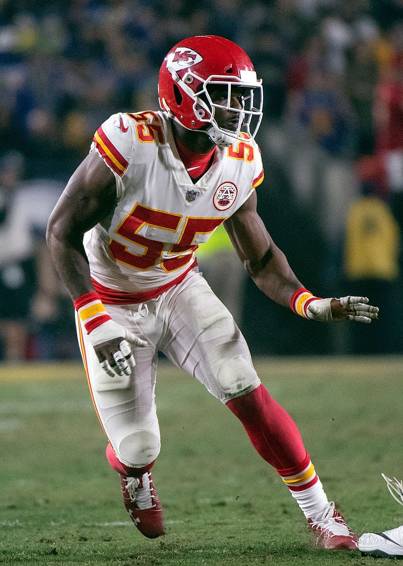 In this Nov. 19, 2018, file photo, Chiefs outside linebacker Dee Ford plays against the Rams in Los Angeles. 