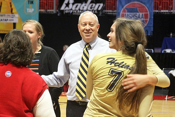 In this Oct. 28, 2017, file photo, Helias coach David Harris celebrates with his team after the Lady Crusaders won the Class 3 state championship against Lutheran South at the Show-Me Center in Cape Girardeau. Earlier this month, Harris was inducted into the Missouri High School Volleyball Coaches Association Hall of Fame during a ceremony in Columbia.