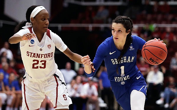 Stanford's Kiana Williams (left) guards BYU's Brenna Chase during the first half of Monday's second-round NCAA Tournament in Palo Alto, Calif.