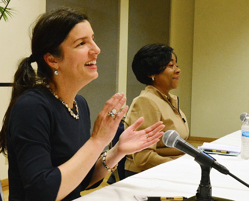 Mayoral candidates Carrie Tergin and Tiwan Lewis square off during a candidate forum Thursday at  Lincoln University's Scruggs Center. Citizens Accountability Partners, Jefferson City Faith Voices, Moms Demand Action, Mid-Missouri Black Nurses Association, Missouri National Organization of Women, and Empower Missouri hosted the forum.