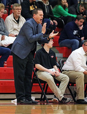 Mark Anderson encourages the Jefferson City Jays during a game against Mt. Lebanon (Pa.) in the Great 8 Classic at Fleming Fieldhouse this past season. Anderson announced Thursday he has accepted the position of head boys basketball coach at Boonville.