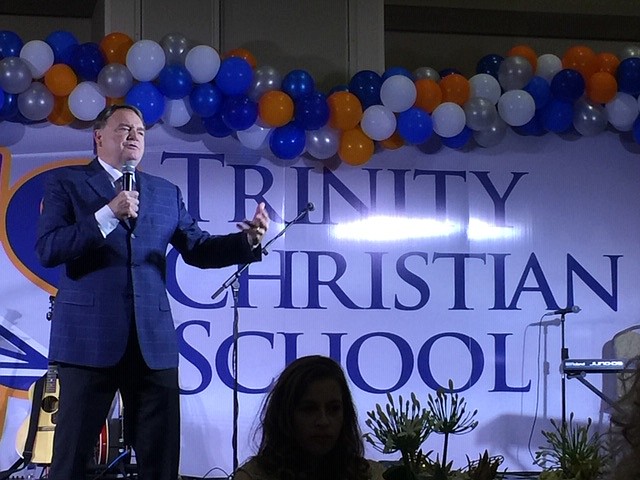 Former University of Arkansas and Ole Miss head football coach Houston Nutt gives a speech about the importance of quality athletic programs Tuesday at Texarkana Convention Center. Trinity Christian added eight-man football to its athletic program. (Submitted photo)
