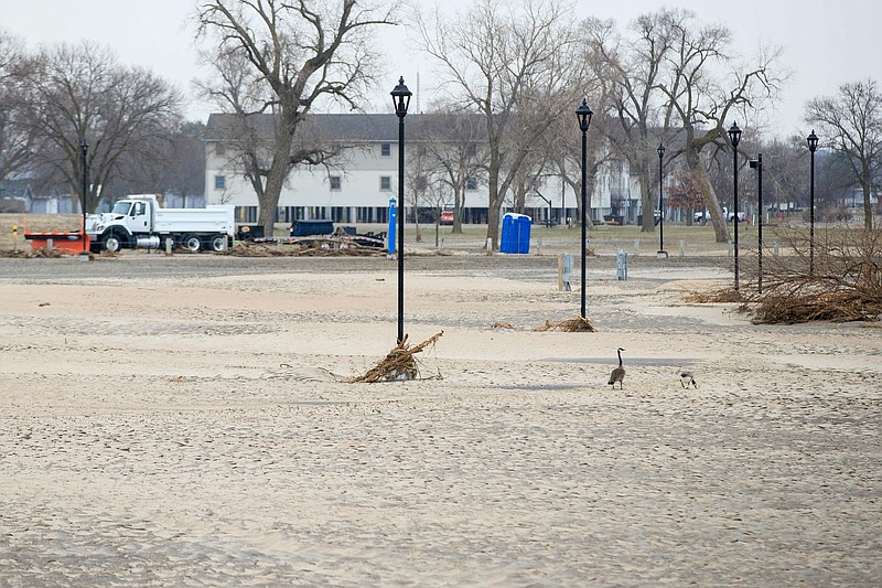 Recent floodwaters from the Platte River filled the Nebraska National Guard's primary training base, Camp Ashland, with sand, water and debris Thursday, March 28, 2019, near Ashland, Nebraska. (Ryan Soderlin/Omaha World-Herald via AP)
