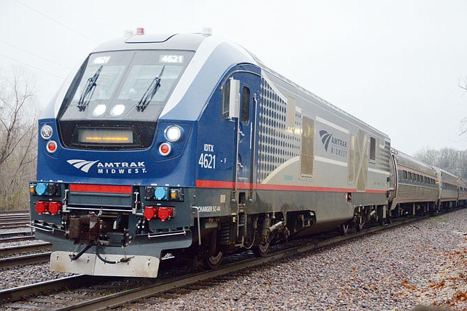 An Amtrak train arrives in Jefferson City on Thursday, April 4, 2019, heading westbound to Kansas City.