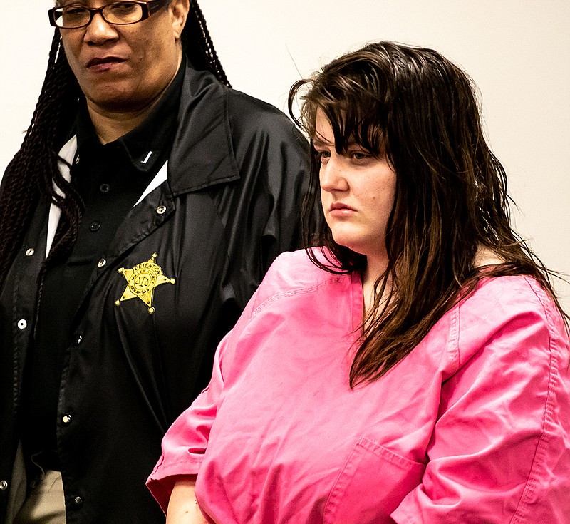 McKenna Belcher, 27, appears Friday morning before District Judge Wren Autrey, not pictured. Belcher is accused of capital murder in the death of her 3-year-old stepdaughter. Belcher also faces a charge of second-degree domestic battery involving her 2-year-old stepson. 