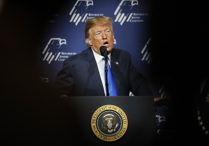 President Donald Trump speaks at an annual meeting of the Republican Jewish Coalition, Saturday, April 6, 2019, in Las Vegas. (AP Photo/John Locher)