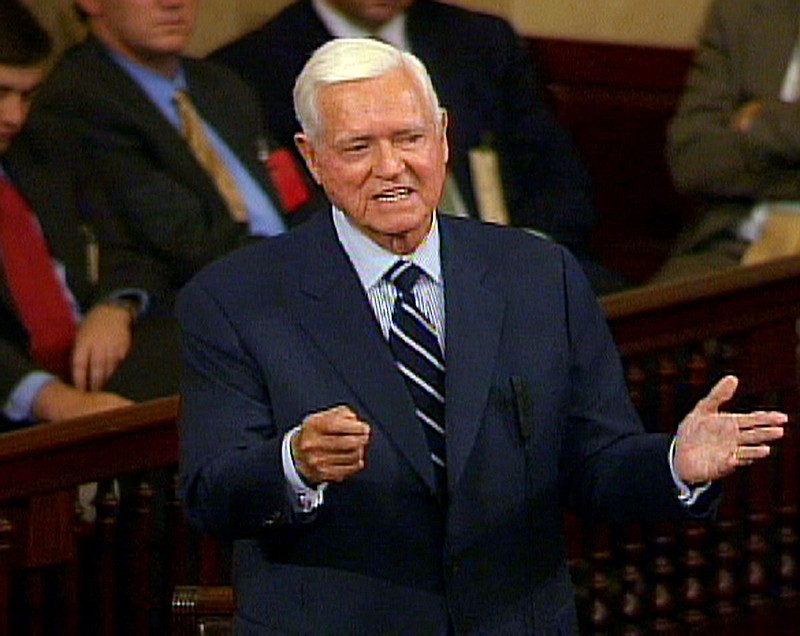 FILE - In this Nov. 16, 2004 file photo, Sen. Ernest ''Fritz'' Hollings, D-S.C., who is retiring in January, addresses the Senate  on Capitol Hill in Washington, in this image from video.  Hollings, a moderate six-term Democrat who made an unsuccessful bid for the presidency in 1984, has died. He was 97.  Family spokesman Andy Brack says Hollings died early Saturday, April 6, 2019.  (AP Photo/APTN, File)
