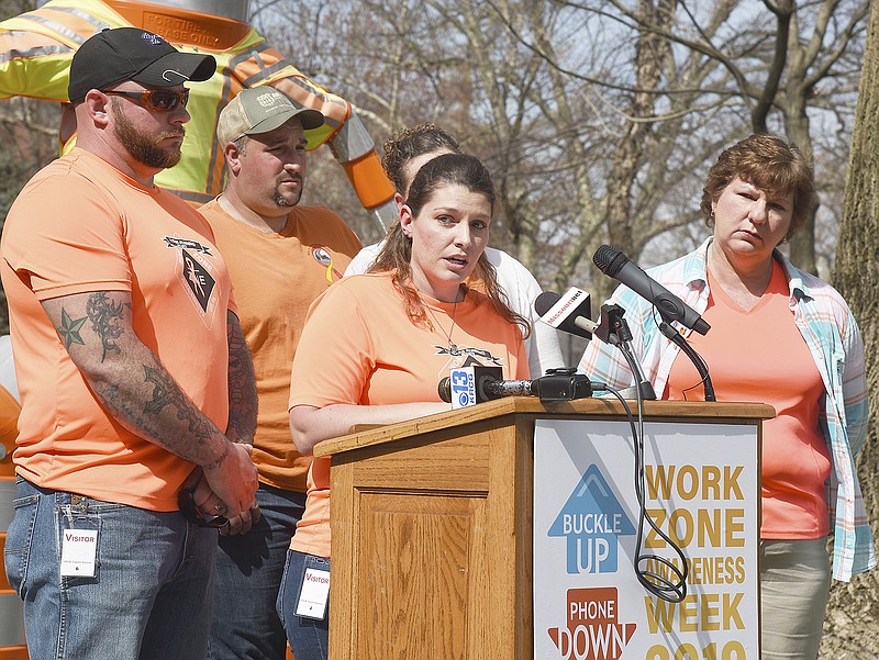 MoDOT kicked off Work Zone Awareness Week with a news conference Monday that included the family of Lyndon Ebker, a MoDOT flagman who was killed in a work zone and Willie Mones, a maintenance worker whose truck was struck by an inattentive driver. The event took place at the MoDOT Fallen Worker Memorial on the grounds of MoDOT Headquarters in downtown Jefferson City and attended by dozens of employees and visitors.