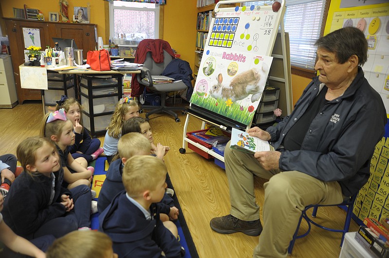 Donald Fugate is shown in this April 2019 photo reading to the St. Andrews’ kindergarten class in California, Mo. Fugate was serving as a foster grandparent with the Central Missouri Community Action Foster Grandparents program. (California Democrat photo by Danisha Hogue)