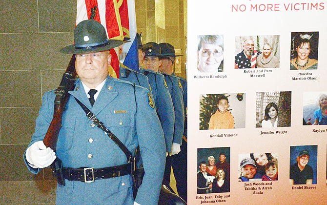 The Honor Guard from Troop F starts off National Crime Victims' Rights Week on Wednesday at the Missouri Capitol. This year's theme — Honoring Our Past. Creating Hope for the Future — celebrated the progress made by crime victims' rights advocates, while also looking to a future that is more inclusive and accessible.