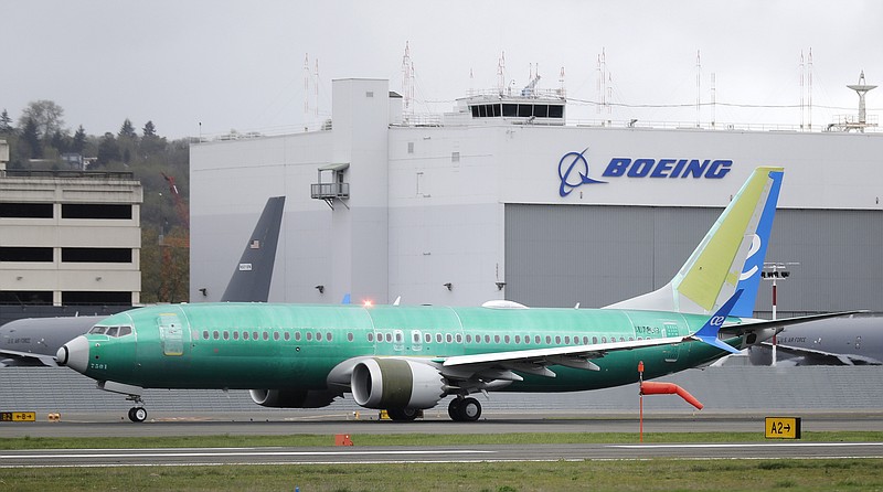 A Boeing 737 MAX 8 airplane being built for Spain-based Air Europa rolls toward takeoff before a test flight, Wednesday, April 10, 2019, at Boeing Field in Seattle. Flight test and other non-passenger-bearing flights of the plane continue in the Seattle area where the plane is manufactured, as a world-wide grounding the the 737 MAX 8 continues, following fatal crashes of MAX 8's operated by Ethiopian Airlines and Lion Air. (AP Photo/Ted S. Warren)