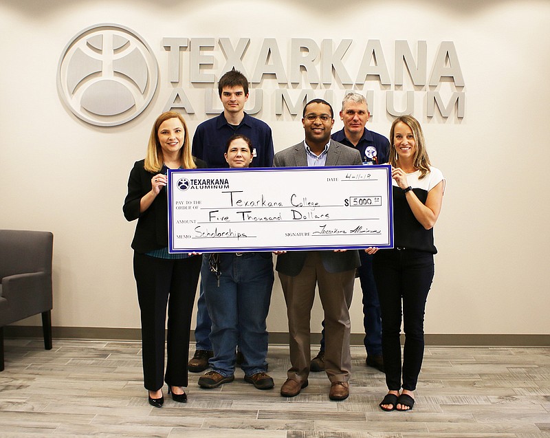 Texarkana Aluminum recently donated $5,000 to Texarkana College to be used toward scholarships for area high school students who wish to pursue workforce dual credit classes. Shown are, from left, Amy Bowers, Leetha Williams, Amos Brown, Brandon Washington, Joe Williams and Katie Andrus. (Submitted photo)
