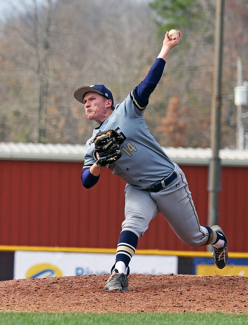 Helias pitcher Zach Davidson delivers to the plate during last Saturday's third-place game of the Capital City Invitational against Eureka at Vivion Field. Davidson threw the second no-hitter of his high school career Thursday against Iberia at the American Legion Post 5 Sports Complex. 