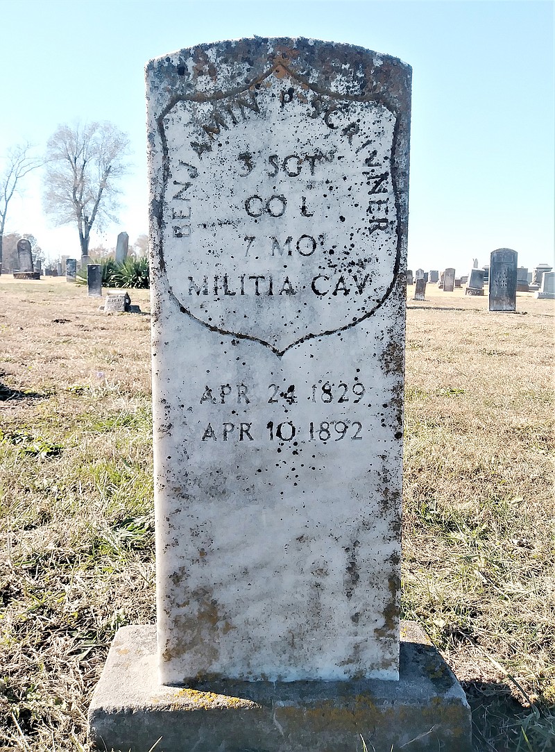 Situated in the older section of Enloe Cemetery west of Russellville is a military marker denoting Benjamin Payne Scrivner's service with the 7th Regiment Missouri State Militia Cavalry.