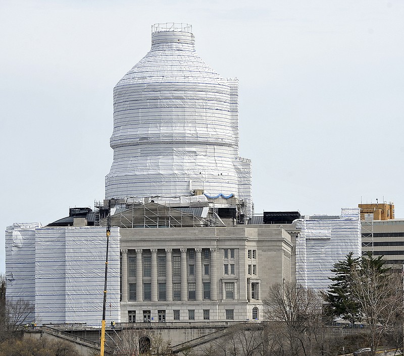 The Missouri State Capitol is shown during renovation work in this April 1, 2019, photo.