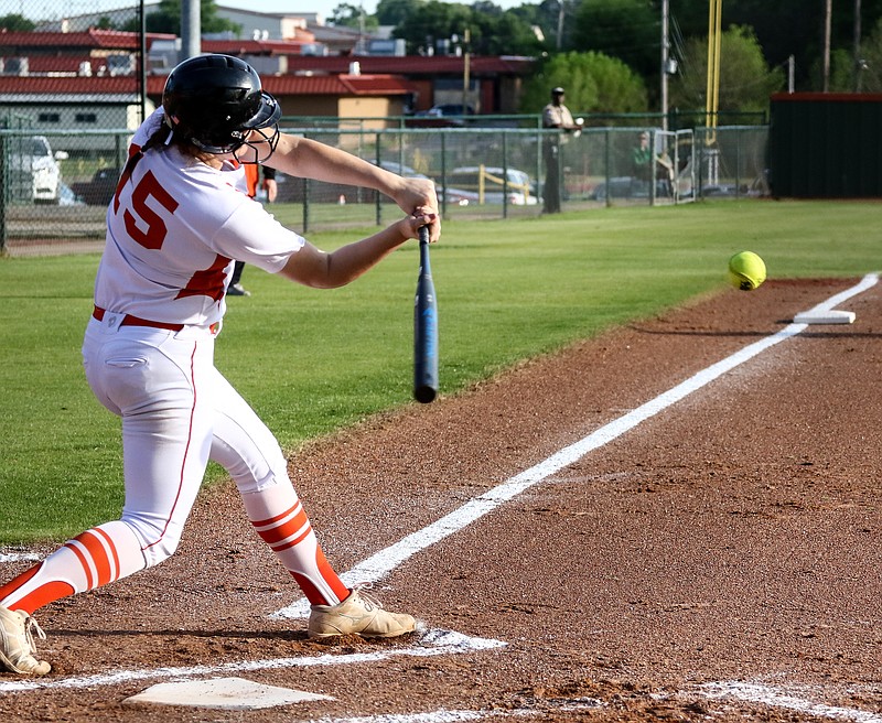 Lady Tigers batter Kaitlyn Cross swings to the hit the ball pitched from the Royse City Bulldogs pitcher on Monday, April 15, 2019, in Texarkana, Texas.