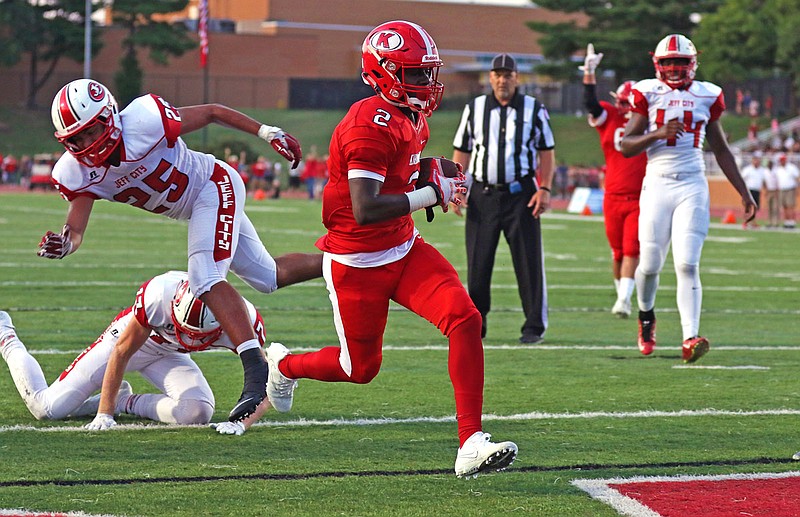 Kirkwood receiver Jay Maclin scores a touchdown during a game against Jefferson City in 2017 in Kirkwood. Maclin announced his commitment to the University of Missouri on Thursday. 