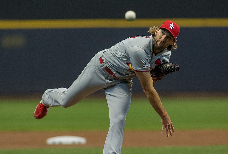 St. Louis Cardinals pitcher Michael Wacha pitches to the Milwaukee Brewers during the first inning of a baseball game Wednesday, April 17, 2019, in Milwaukee. (AP Photo/Darren Hauck)