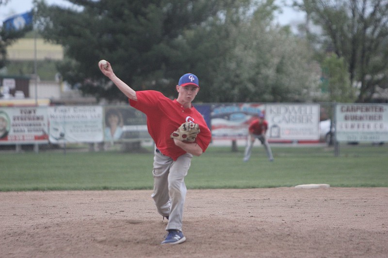 Hayden Green throws a pitch during California's 8-6 win over Versailles on April 17, 2019.