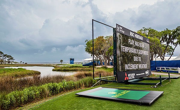 Play is suspended as severe weather rolled in during Friday's second round of the RBC Heritage in Hilton Head Island, S.C.