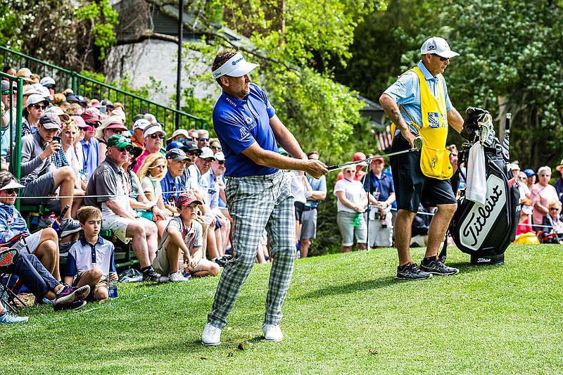 Ian Poulter chips to the eighth green during the second round of the RBC Heritage golf tournament in Hilton Head Island, S.C., Friday, April 19, 2019. (Scott Schroeder/The Island Packet via AP)