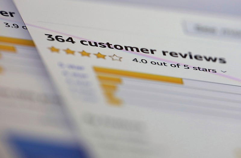 In this Wednesday, April 17, 2019, photo online customer reviews for a product are displayed on a computer in New York. Many online purchases are based on careful consideration of star ratings and product reviews left by complete strangers. Some 82% of U.S. adults say they at least sometimes read online customer ratings or reviews before purchasing items for the first time, according to a 2016 Pew Research Center survey. (AP Photo/Jenny Kane)